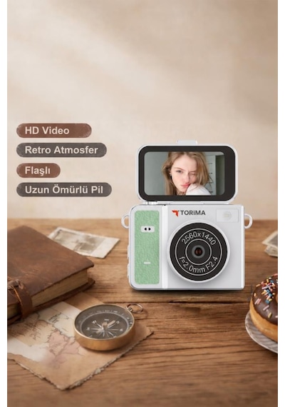 Torima CMR46 Mini Dijital Kamera 2K Flip Ekranlı Selfie Video Vlog Kamerası Yeşil