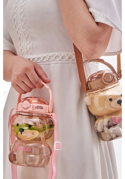 Ayıcık Su Matarası Pembe Ayıcıklı Suluk Figürlü Su Şişesi Ayıcık Matara 1000ml Pembe Plastik Diğer