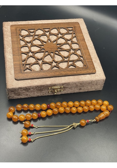 Rodajlı Gold Gümüş Aksamlı Sıkma Kehribar Tespih 10x10 Mm 32 Gr Altın - Gümüş