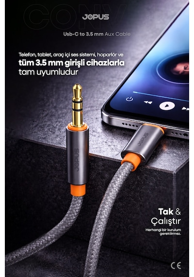 Jopus İphone Android Uyumlu - Type-c To 3.5mm Aux Kablo - Tak Çalıştır Aux Örgülü - 1 Metre - Ja-05