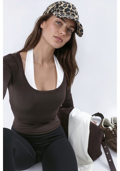 Hiccup Halter Yaka Pedli Örme Spor Bluz Kahverengi
