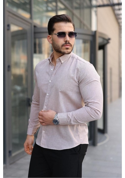 Baselco Premum Dik Yakalı Slim Fit Keten Görünümlü Gömlek Bej