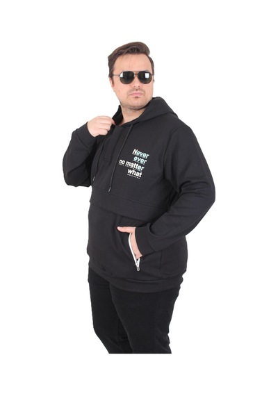 Moc Grande Mocgrande Büyük Beden Kapüşonlu Sweat Double Face Never 25706 Sıyah Siyah