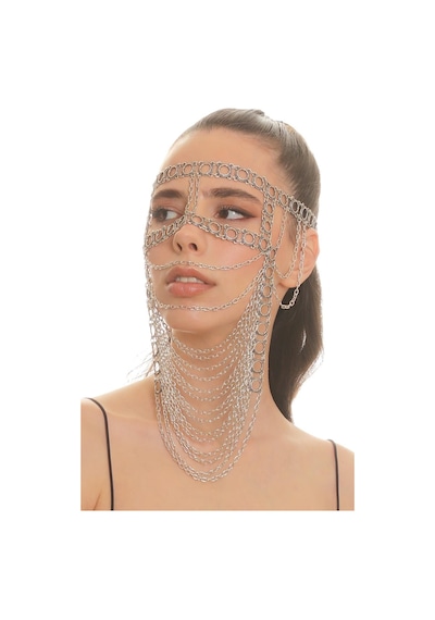 Kadın Antik Gümüş Kaplama Zincirli Etnik Tasarım El Yapımı Peçe, Yüz Zinciri Gümüş