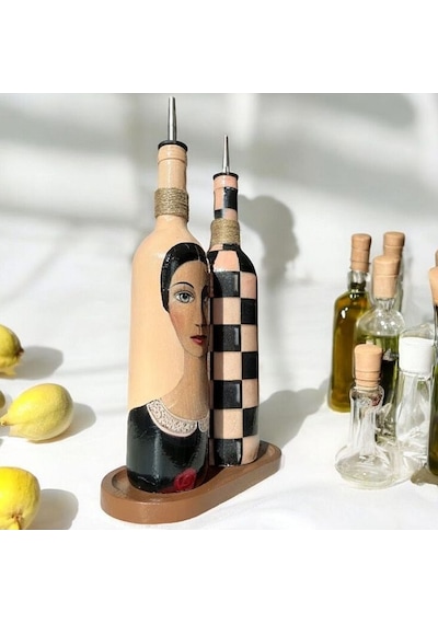 Kadın Tasarımlı 750 Ml Zeytinyağı Sıvıyağ Şişesi Yağdanlık Yağlık Sirkelik Sosluk 2'li Set Çok Renkli