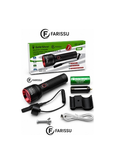 Gold Silver Gs-15750 50w 4000 Lümen Profesyonel Şarj Edilebilir Zoomlu Tü Fek Ve El Feneri Seti 6000 Mah Siyah