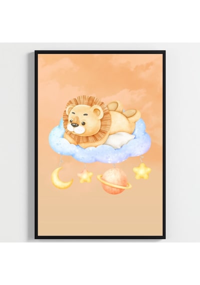 Besay Küçük Kralın Rüyası Yavru Aslanlı Suluboya Gezegen Ve Bulut Temalı Bebek Odası Posteri 3'lü Çocuk Odası Poster Seti A