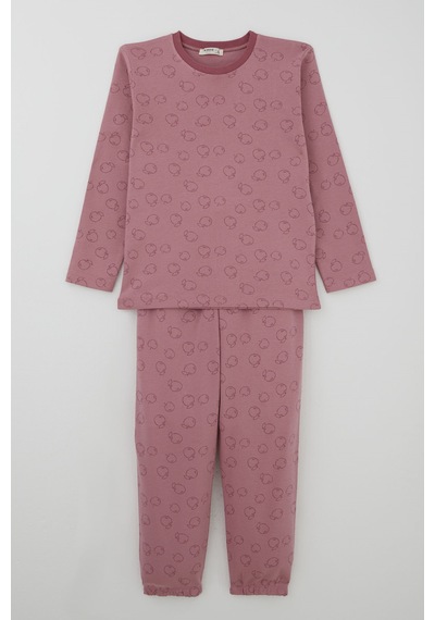 Breeze Kız Çocuk Pijama Takımı Elma Desenli Beli Paçası Lastikli 4-8 Yaş, Gülkurusu