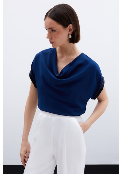 Sateen Kollar Taş Detaylı Salaş Bluz - Lacivert-135981 Lacivert