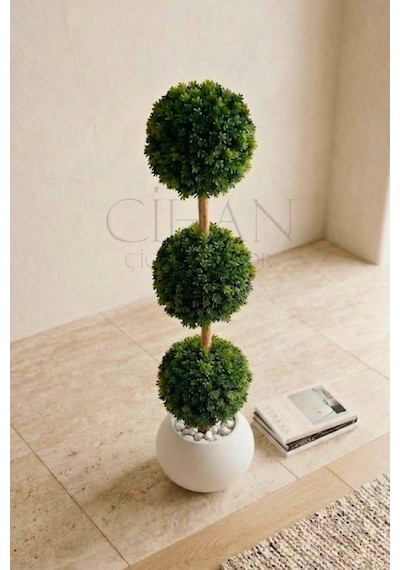 Cihan Çiçekçilik Yapay 3'lü Top Şimşir Ağacı - Beyaz Küre Saksılı 130cm