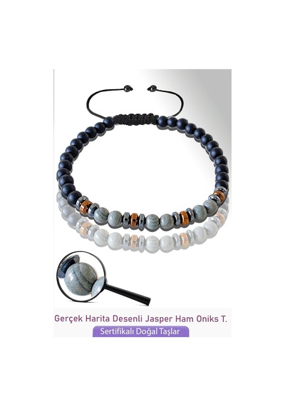 Sertifikalı Gerçek Oniks - Hematit - Harita Jasper Taşı Bileklik Çok Renkli