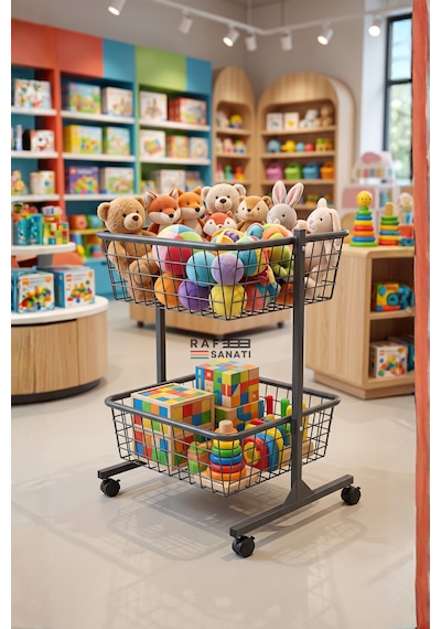 60x60 Cm Çift Katlı Tekerlekli Tel Havuz Sepet Market Mağaza Promosyon Ve Aksiyon Sepeti Antrasit