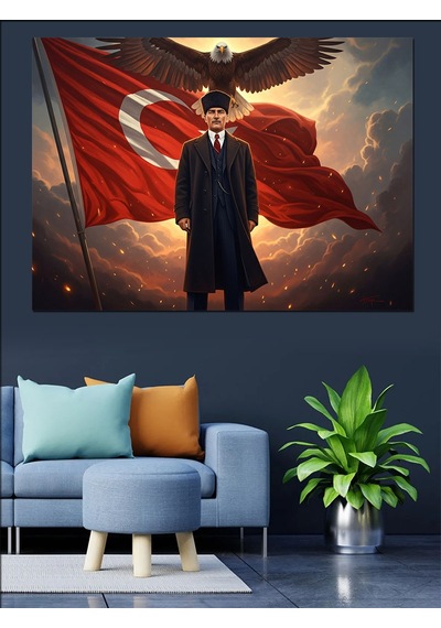 Bayrak Önünde Atatürk Ve Kartal Dekoratif Kanvas - Mdf Ahşap Tablo