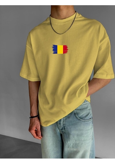 Romanya Bayrağı Baskılı Oversize Tişört Sari