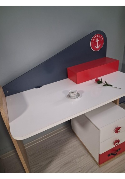 Çalışma Masa Dümen 90647 Mavi Kırmızı Renk Uyumu 1. Sınıf Suntalam Demonte Beyaz