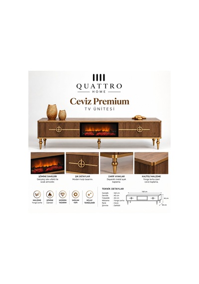 Ceviz Premium Elektrikli Şömineli Tv Ünitesi Gold Detaylı 160 Cm Ceviz Premium Elektrikli Şömineli Tv Ünitesi Gold Detaylı 160 Cm