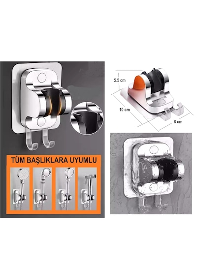 Yapışkanlı Duş Başlığı Askısı, 2 Adet Lif Askısı Kancalı, Krom, Vidasız Montaj-9015120430263 Krom