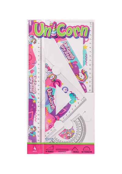 Unicorn Cetvel Takımı 30 Cm 1 Paket Metal Pergel Cetvel Gönye İletki Şeffaf Çizim Takımı Pergelli Çizim Seti 4 Parça Çok Renkli