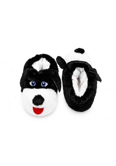 Modafocus Sevimli Köpek Figürlü Sessiz Kaydırmaz Taban Peluş Unisex Ev Pandufu Sevgili Kombin Terliği Siyah
