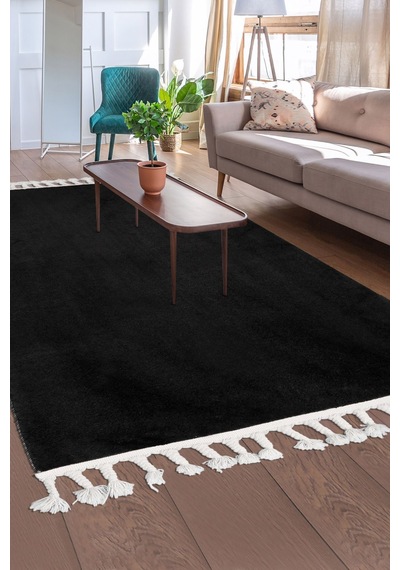 Dijidekor Peluş Halı Siyah Cool Düz Desenli Saçaklı Kesme Pos...
