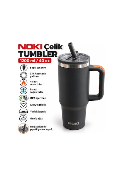 Nokı T-0137 1200 Ml Paslanmaz Çelik Tumbler Termos Bardak, Pipetli Yedek Kapaklı, Saplı Gri