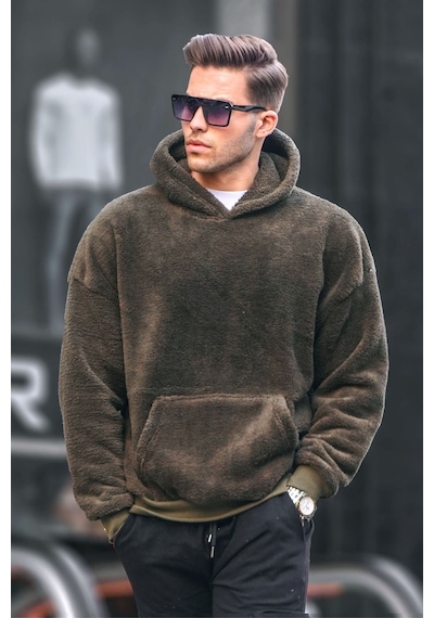 Madmext Haki Peluş Kapüşonlu Erkek Sweatshirt 6050 Haki