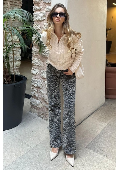 Madmext Ekru Dik Yaka Fermuar Detaylı Örme Kazak Mg2229 Ekru