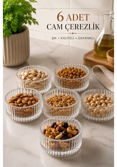 6 Adet Cam Çerezlik Seti Modern Çizgili Tatlı Kahvaltılık Sunum Kaseleri 10 Cm Şeffaf
