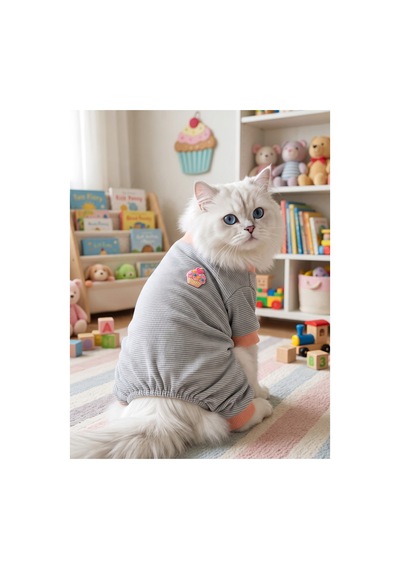 Sweet Cupcake Kedi Tulumu Gri Beyaz İnce Çizgili Penye Kedi Kıyafeti