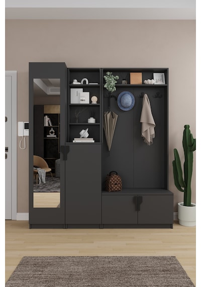Lüks Aynalı Portmanto Askılı Vestiyer %100 Mdf Çok Raflı Ayakkabılık V03 Antrasit