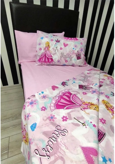 Lionas Tek Kişilik Nevresim Takımı Lastikli Çarşaf 2 Yastık 4 Parça Açık Pembe Prenses
