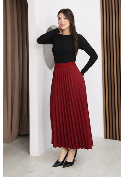 Lodmela Beli Lastikli Piliseli Etek 6017-bordo Bordo