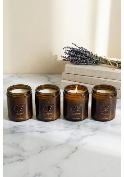 4 Lü Amber Cam Kavanoz Aromaterapi Mum Seti Yasemin Kokulu %100 Doğal Soya Wax Kapaklı 100 Cc Amber