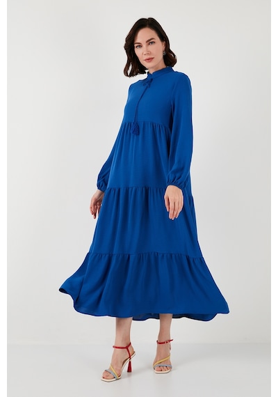 Lela Modest Regular Fit Dik Yaka Uzun Bayan Elbise 611El545 Indigo