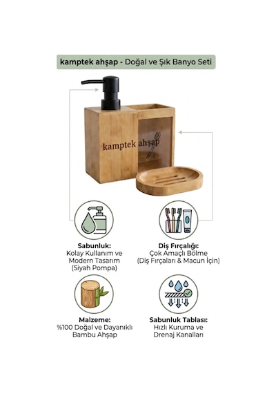 Kamptek Ahşap Bambu Banyo Düzenleyici Set - Katı + Sıvı Sabunluk Ve Diş Fırçalık Organizer Renkli