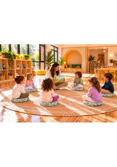 Kreş Anaokulu Yuvarlak Oyun Minderi Aktivite Minderi 40x40x5 Cm - Sandalye Minderi - Bahçe Dekor Minderi Yuvarlak Minder Yeşil - Mavi