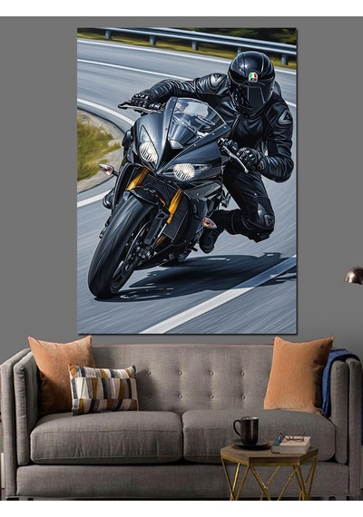 Ahşap Tablo Siyah Kasklı Modern Motorcu