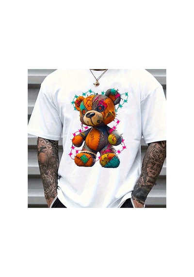 Caddemia Yaz Moda Rahat Spor Gevşek Büyük Karikatür Teddy Bear Desen Baskılı Yuvarlak Beyaz 2XL Caddemia Yaz Moda Rahat Spor Gevşek Büyük Karikatür Teddy Bear Desen Baskılı Yuvarlak Beyaz 2XL