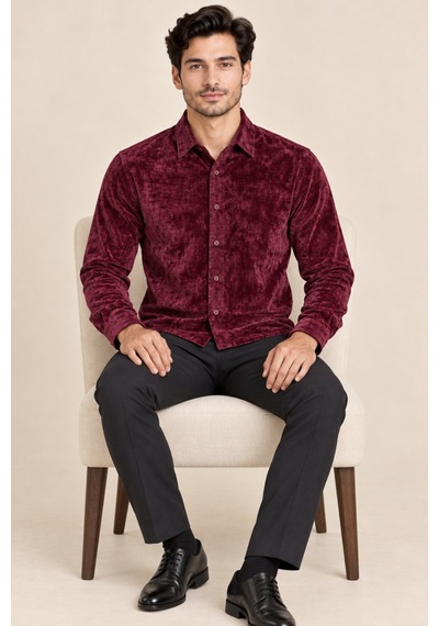 Tarz Cool Erkek Parlak Kadife Uzun Kollu Regular Fit Gömlek Bordo
