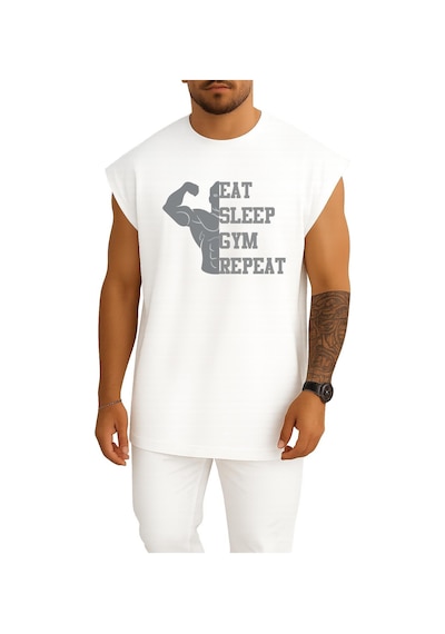 Oversize Eat Sleep Gym Repeat Göğüs Tasarımlı Atlet Beyaz