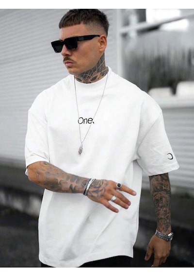 Tarzsokak Unisex One Kol Hilal Baskılı Oversize %100 Pamuk Beyaz