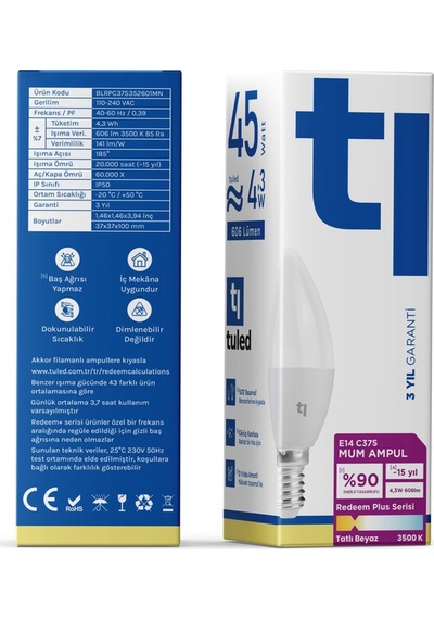 Redeem Plus C37S E14 Mum Ampul, Titreşimsiz, Göz Konforu, 606 Lümen, Tatlı Beyaz, 3500 Kelvin
