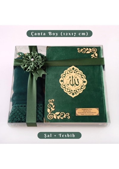 Şal + Tesbih + Kuran Hediye Seti Çanta Boy, Kadife, Şems Lafzatullah, Zeytin Yeşili