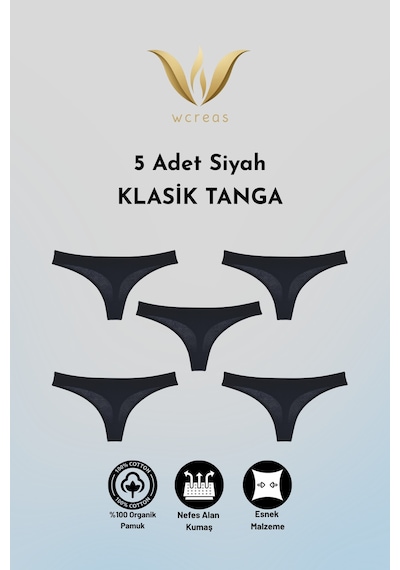 Wcreas Klasik Kadın Tanga, Pamuklu Yumuşak Kumaş Tanga Külot 5'li Paket Siyah