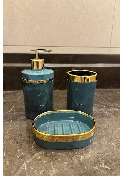 Makri Home Banyo Seti 5'li,akrilik-çöpkovası,wc Fırçalık,sıvı Sabunluk,diş Fırçalık,el Sabunluk,gold Renk Detay Yeşil