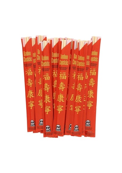 Royal Bambu Chopstick, Doğal Bambu Malzeme, Kırmızı Kağıt Ambalajlı, Tek Kullanımlık, 21-23 Cm, 100'lü Paket Abanoz