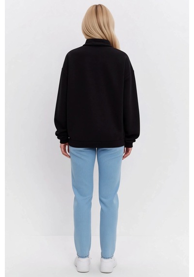Ersefa Kadın Oversize Yarım Fermuarlı Dik Yaka Basic Sweatshirt Önü Diki siyah