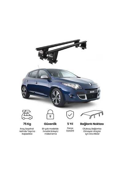Royal Renault Megane 2008 - 2016 Uyumlu Siyah Kilitli Ara Atkı Port Bagaj Tavan Barı
