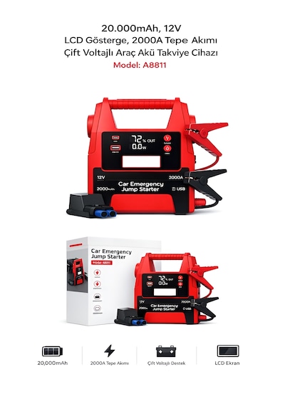20000mah 12v Araç Akü Takviye Cihazı 2000a Tepe Akım Lcd Ekranlı Çift Voltaj Jump Starter Powerbank