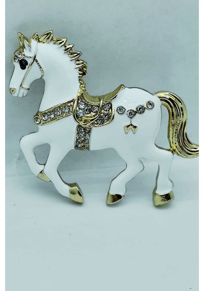 Siyah & Beyaz At Broş - Kristal Taşlı Zarif Horse Brooch Şık Hayvan Figürlü Aksesuar Beyaz